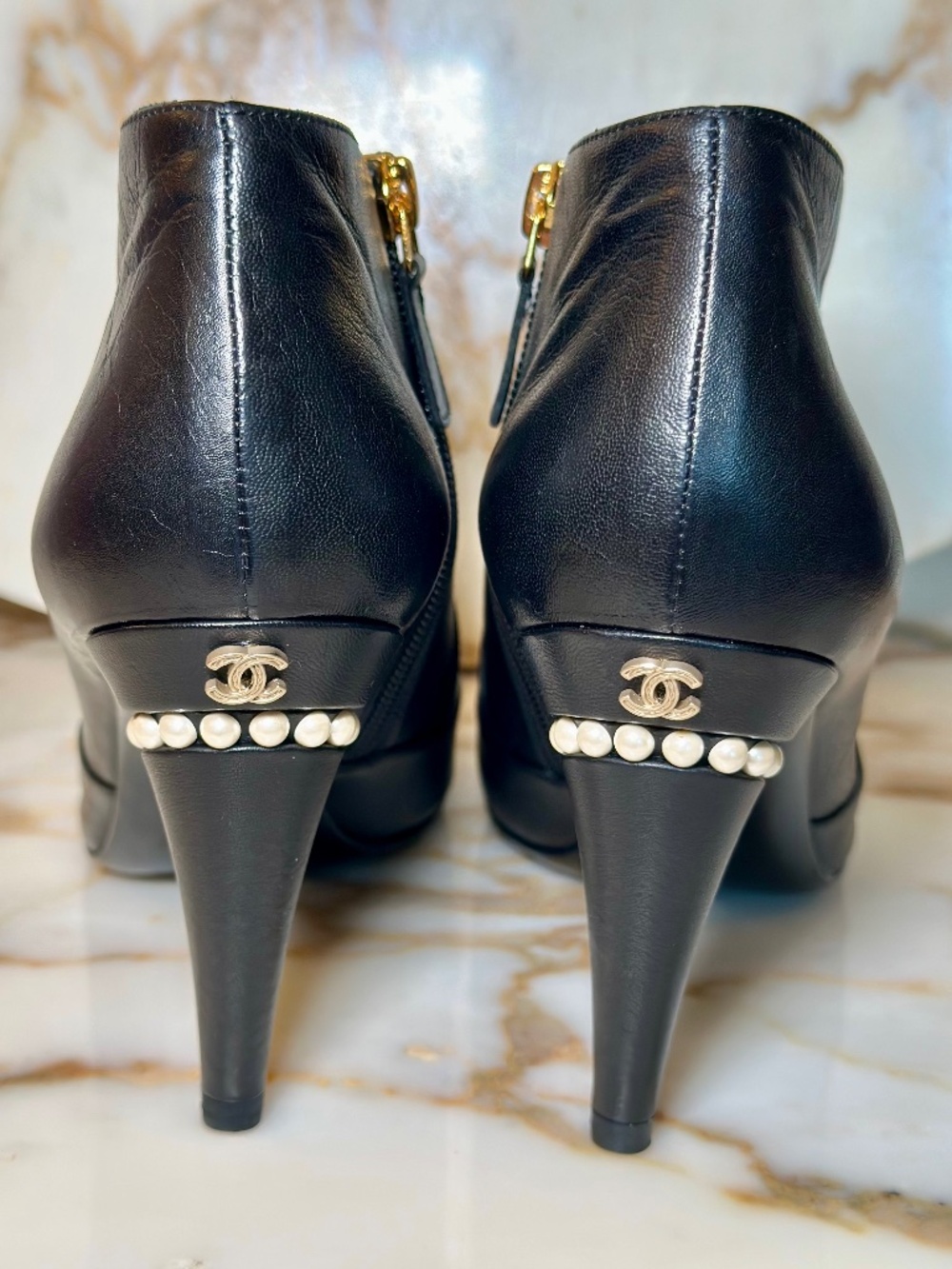 CHANEL 15C Black Leather Ankle Boots With Pearl Details Size 39.5